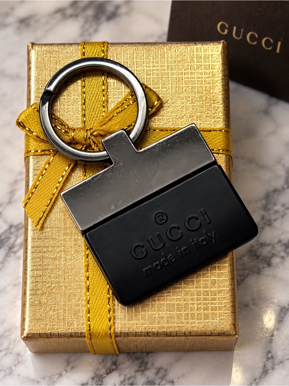Vintage Gucci Black & Silver Key Ring Bag Charm Keychain